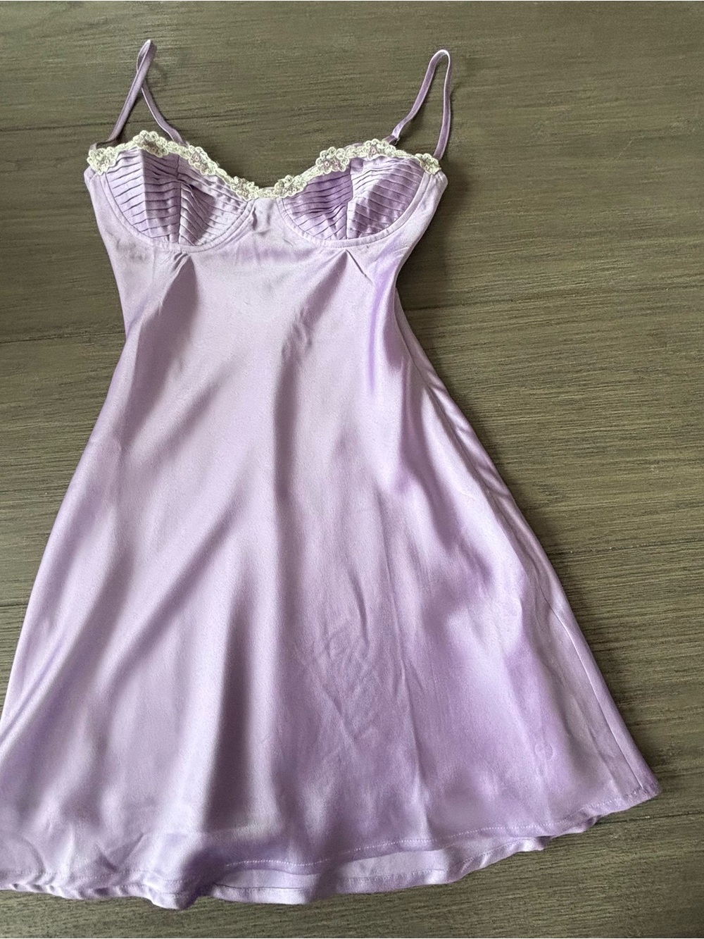 White Fox Lilac Satin Lace Trim Mini Dress | XS